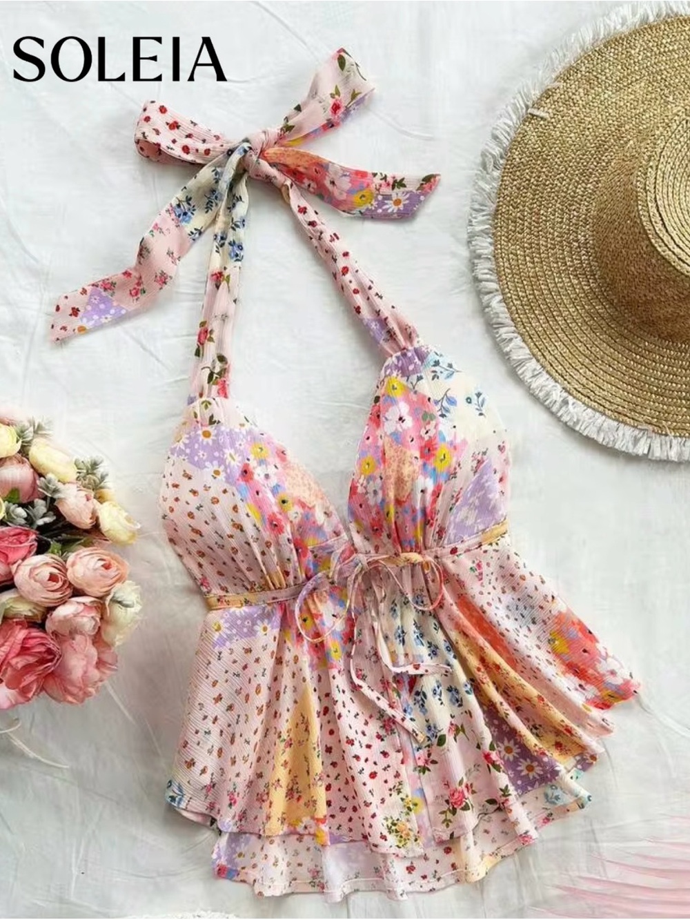 Floral Tie-Halters Pink Multicolor Women's Top